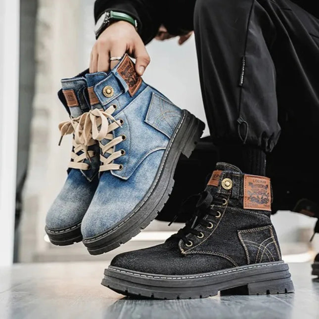 Size 48 Denim Lace-Up Men’s Platform Travel Boots