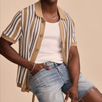 Breathable Hollow-Out Striped Knitted Polo Cardigan for Men-HighTouch