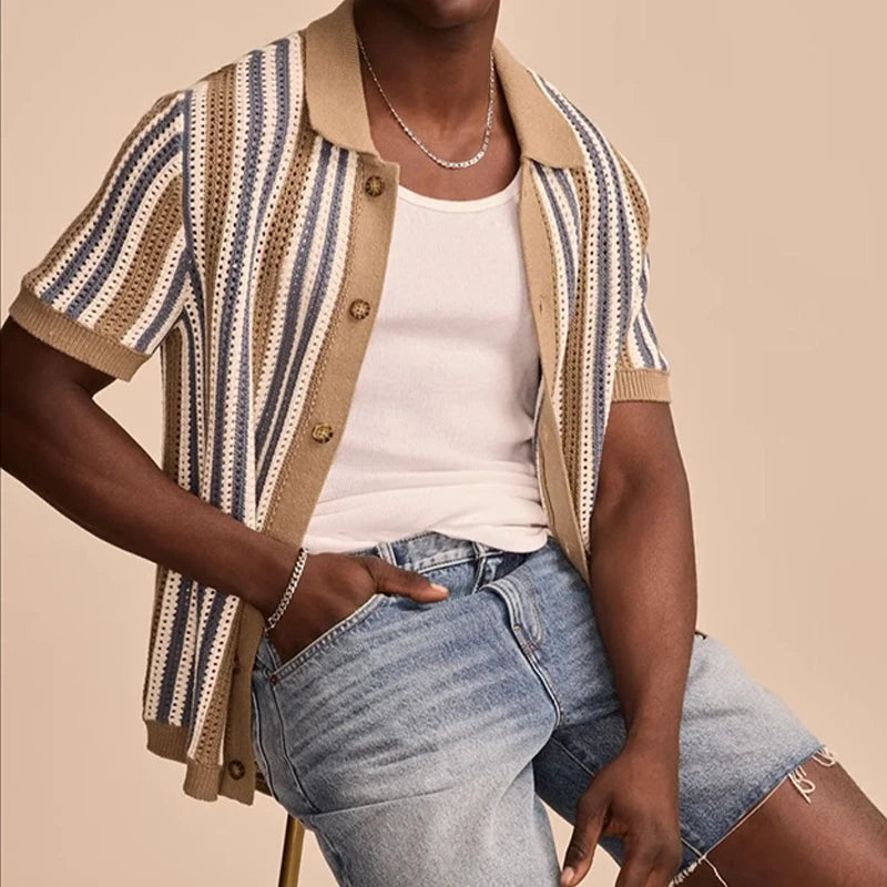 Breathable Hollow-Out Striped Knitted Polo Cardigan for Men