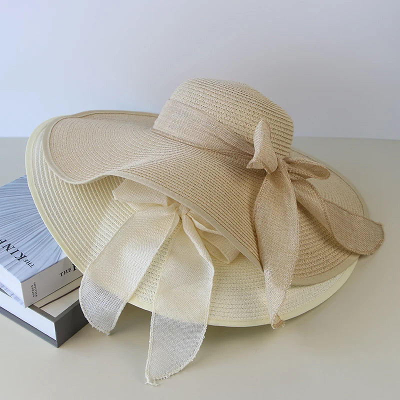 Wide-Brim Straw Fedora with Bowknot – Packable Summer Sun Hat-HighTouch