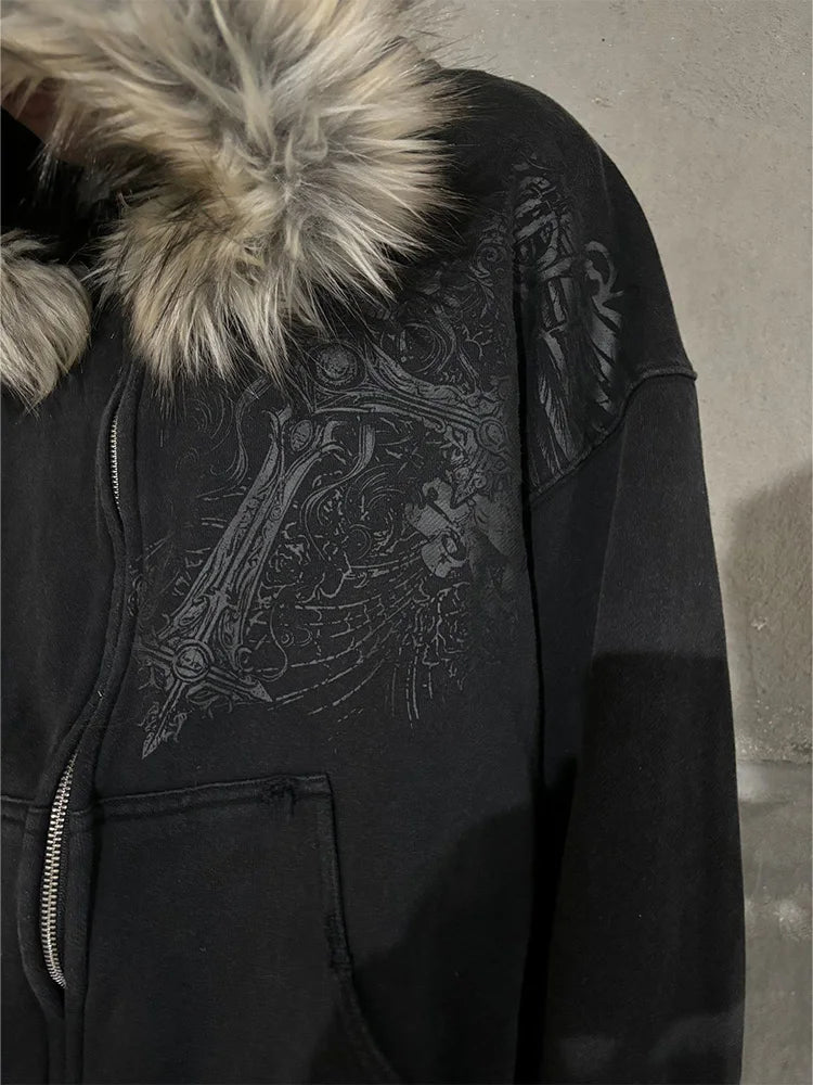 Autumn Winter Y2k Women Aesthetic Harajuku Faux Fur Collar Hoodies Clothes Graphic Hip Hop Punk Gothic Zip Up Hoodies
