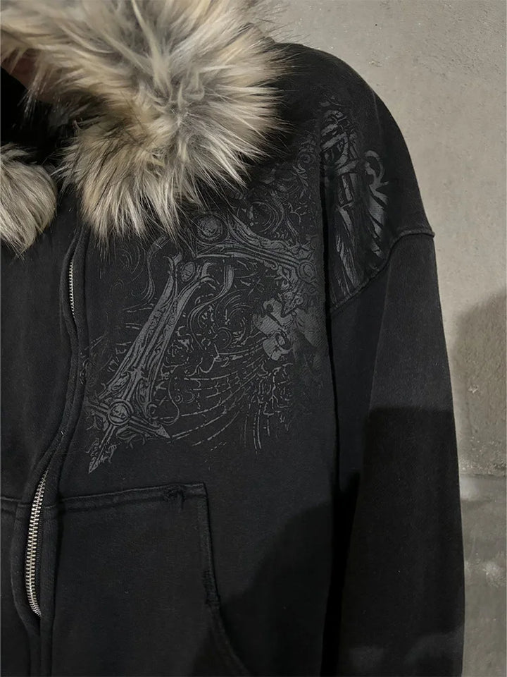 Autumn Winter Y2k Women Aesthetic Harajuku Faux Fur Collar Hoodies Clothes Graphic Hip Hop Punk Gothic Zip Up Hoodies