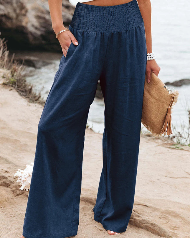 Plus-Size High-Waist Wide-Leg Cotton-Linen Pants – Retro Casual Elastic Trousers