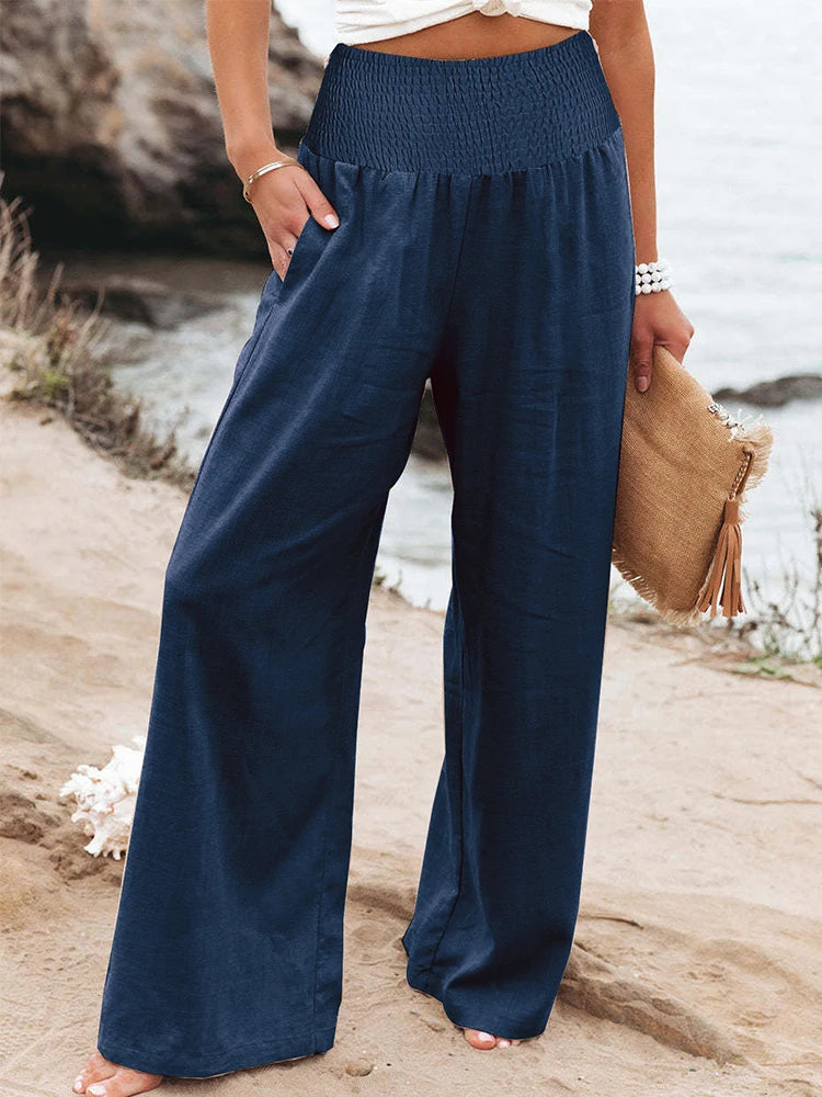 Plus-Size High-Waist Wide-Leg Cotton-Linen Pants – Retro Casual Elastic Trousers-HighTouch