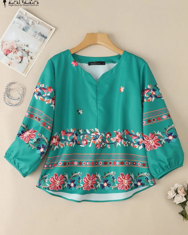 ZANZEA Vintage Boho V-Neck Blouse – Lantern Sleeve Pullover