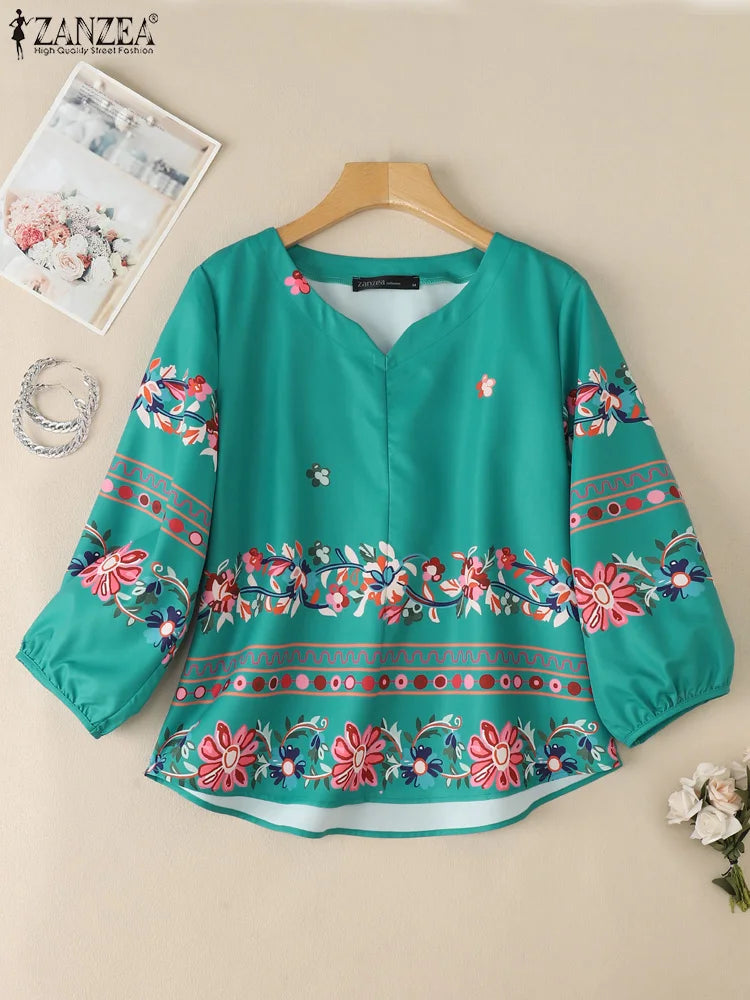 Vintage Boho V-Neck Blouse – Lantern Sleeve Pullover-HighTouch