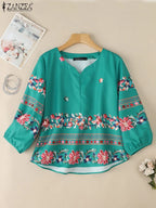 Vintage Boho V-Neck Blouse – Lantern Sleeve Pullover-HighTouch