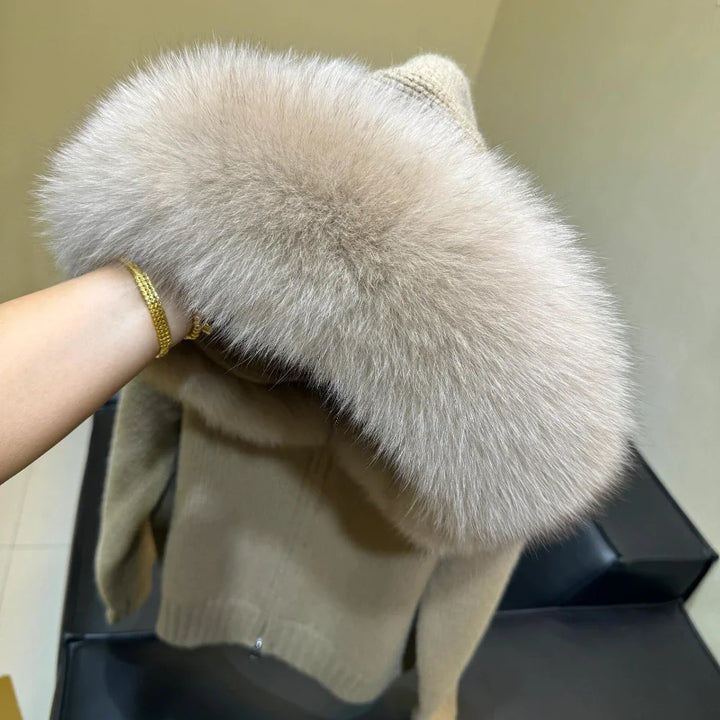 Women’s Hooded Knit Cardigan with Real Fox Fur – Casual Short Coat-HighTouch