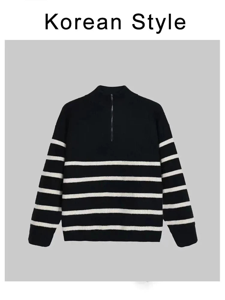 Men’s Striped Semi-Zip Knit Sweater-HighTouch