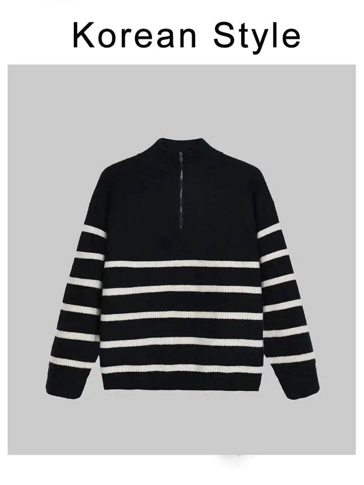 Men’s Striped Semi-Zip Knit Sweater-HighTouch