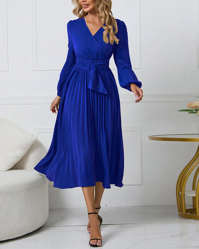 Long-Sleeve Wrap Pleated Midi Dress with Belt