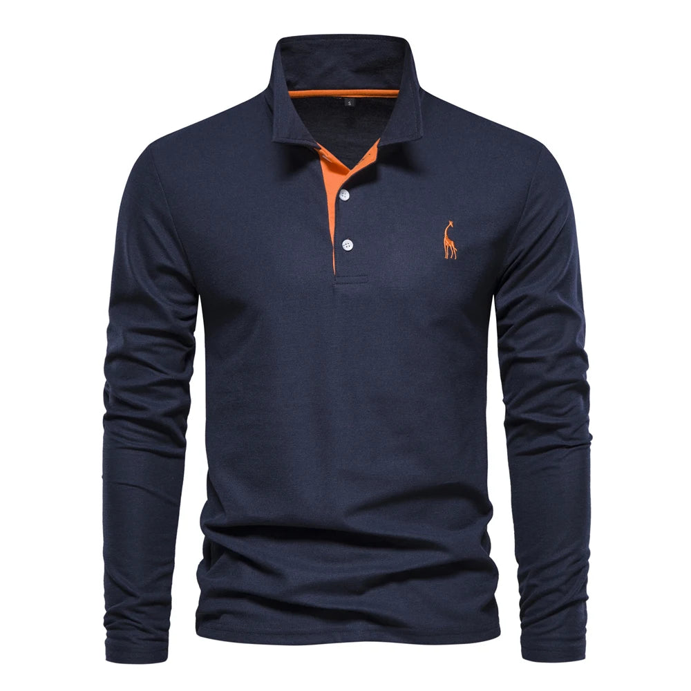 Men’s Deer-Embroidered Long Sleeve Polo-HighTouch