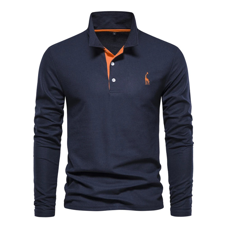 Men’s Deer-Embroidered Long Sleeve Polo-HighTouch