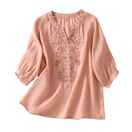 Embroidered Linen Cotton Blouse – Casual 3/4 Sleeve Women’s Top