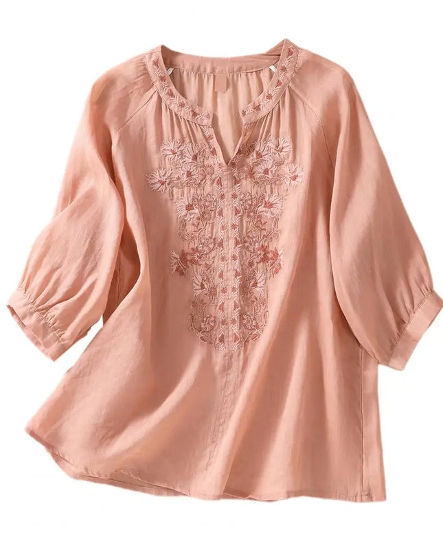 Embroidered Linen Cotton Blouse – Casual 3/4 Sleeve Women’s Top