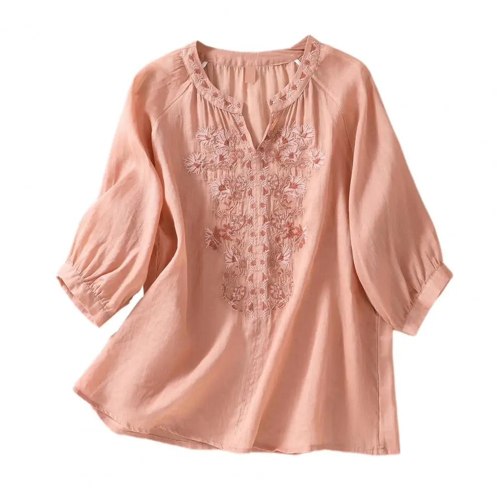 Embroidered Linen Polyster Blouse – Casual 3/4 Sleeve Women’s Top-HighTouch