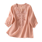 Embroidered Linen Polyster Blouse – Casual 3/4 Sleeve Women’s Top-HighTouch