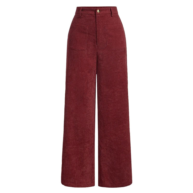 All-Season High Waist Wide-Leg Trousers for Women – Button Front & Pockets-HighTouch