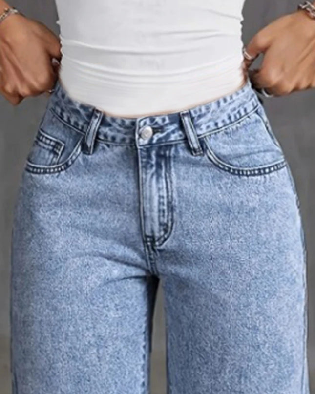 High Waist Wide‑Leg Bow Embroidered Pocket Jeans