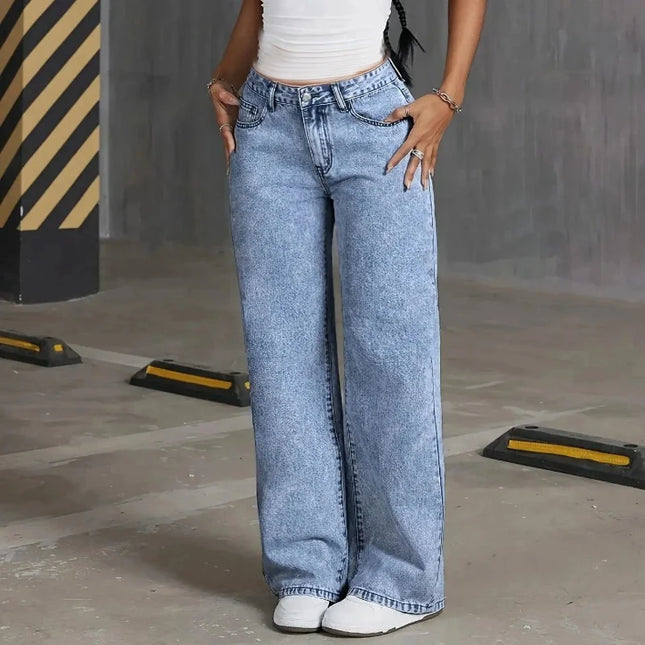 High Waist Wide‑Leg Bow Embroidered Pocket Jeans