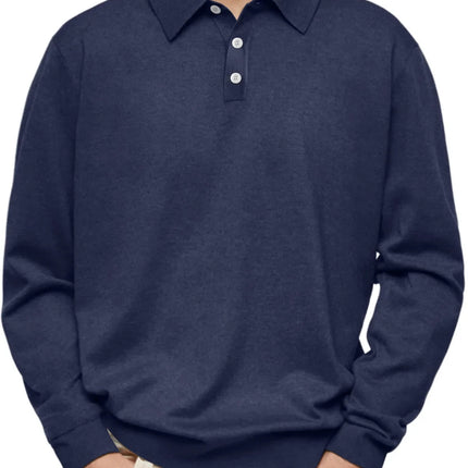 Men’s Long-Sleeve V-Collar Solid Polo Shirt – Loose Fit Casual Knitwear