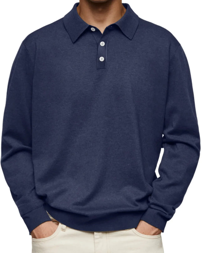 Men’s Long-Sleeve V-Collar Solid Polo Shirt – Loose Fit Casual Knitwear