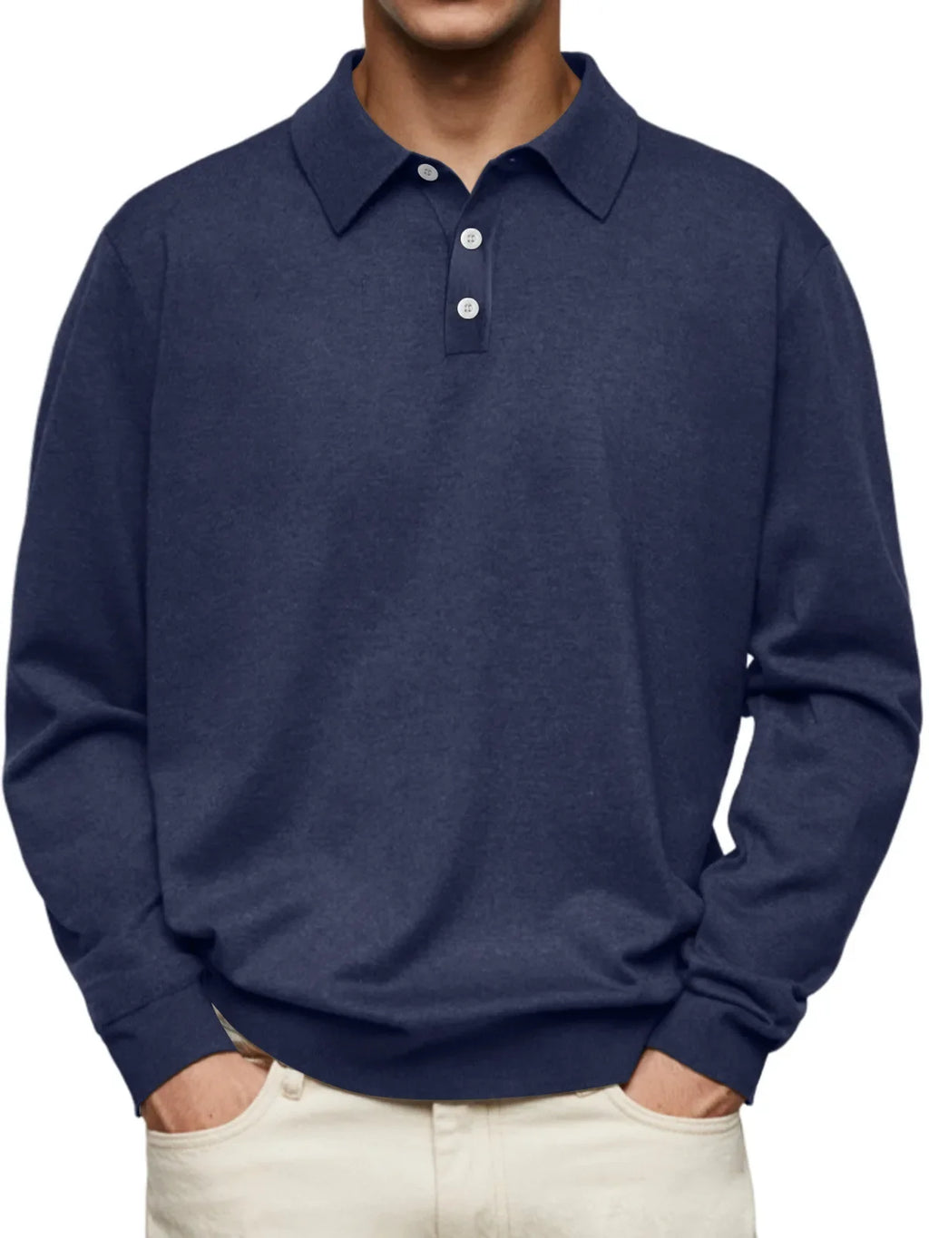 Men’s Long-Sleeve V-Collar Solid Polo Shirt – Loose Fit Casual Knitwear-HighTouch