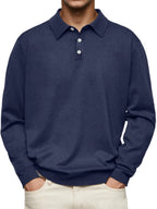 Men’s Long-Sleeve V-Collar Solid Polo Shirt – Loose Fit Casual Knitwear-HighTouch