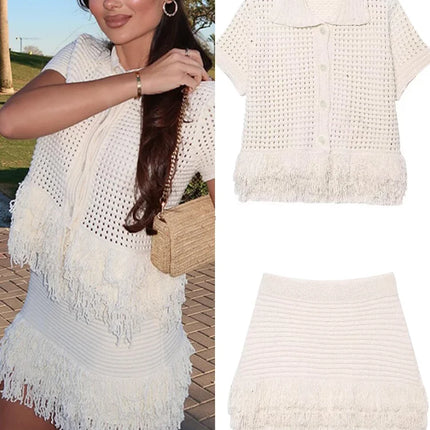Knit Tassel Cardigan & Skirt Set