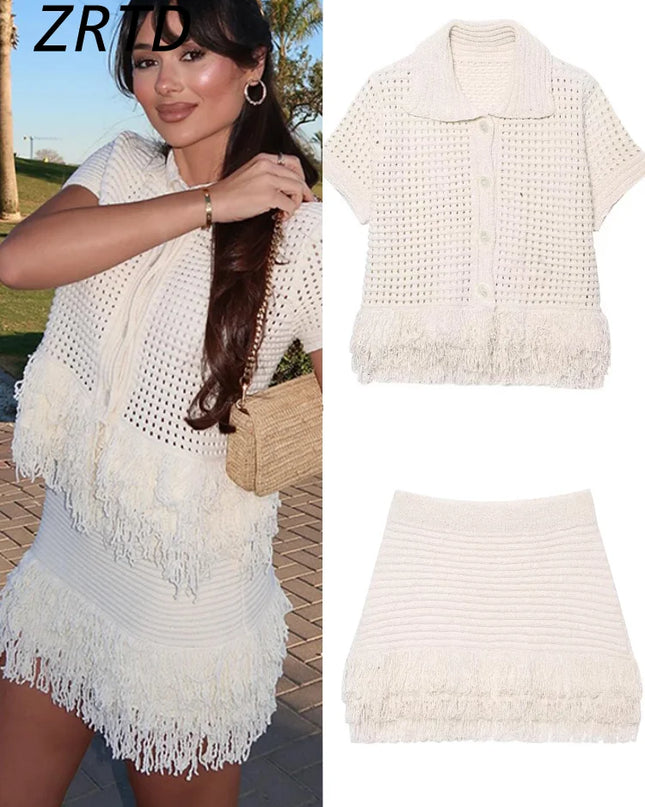 Knit Tassel Cardigan & Skirt Set