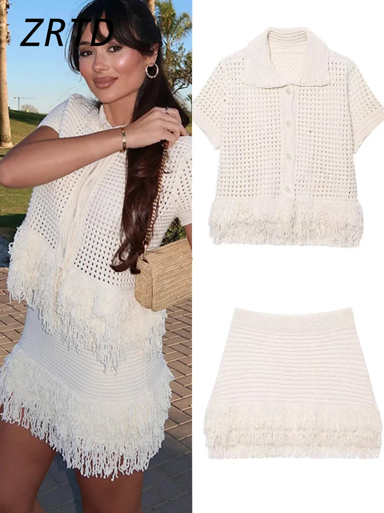 Knit Tassel Cardigan & Skirt Set