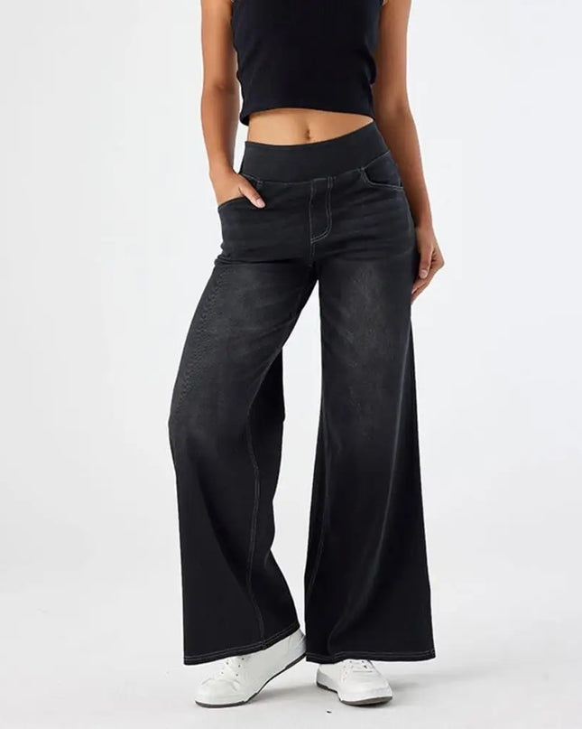 High-Waist Full-Length Solid Colour Jeans – Straight-Wide Leg with Elastic Waist & Pockets