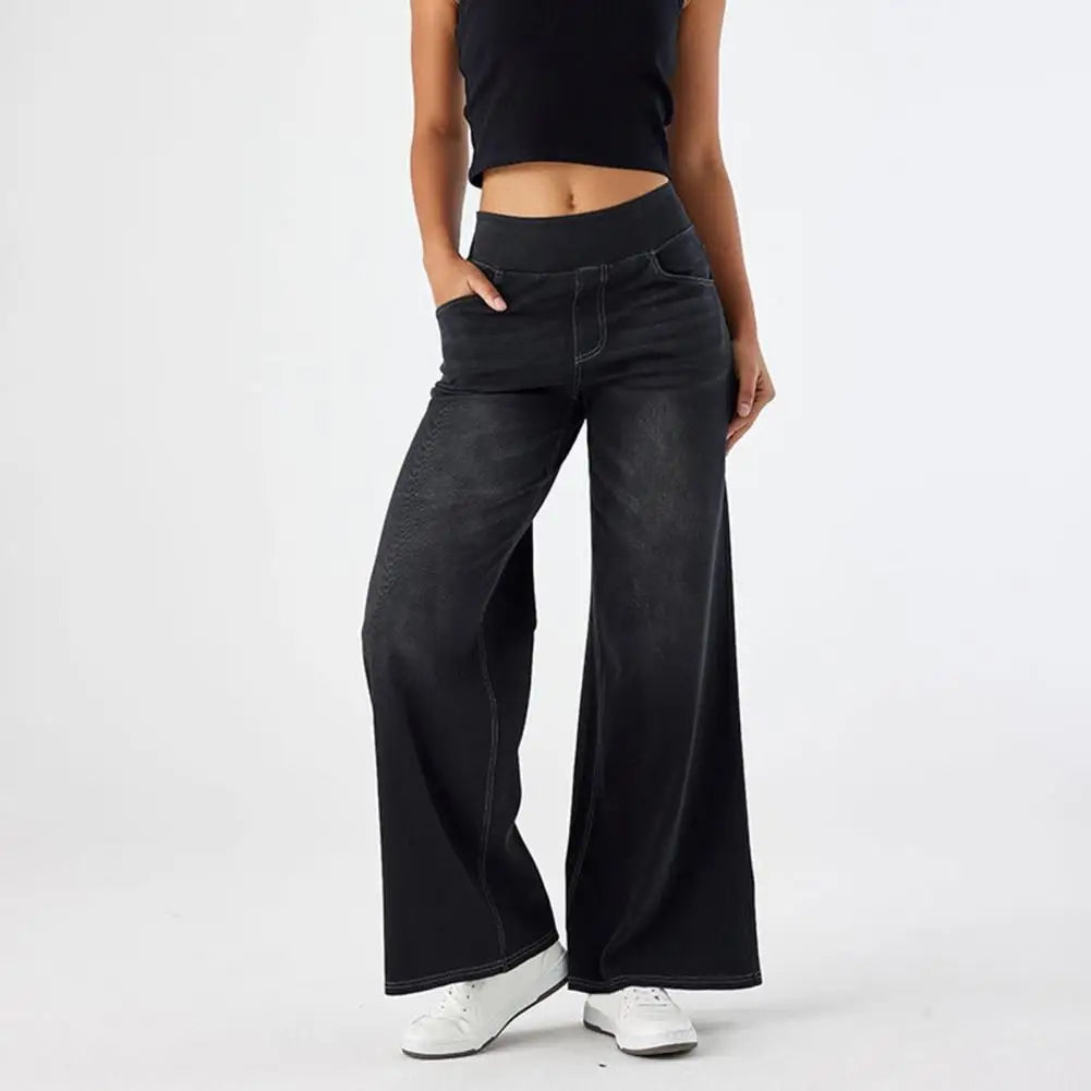 High-Waist Full-Length Solid Colour Jeans – Straight-Wide Leg with Elastic Waist & Pockets-HighTouch