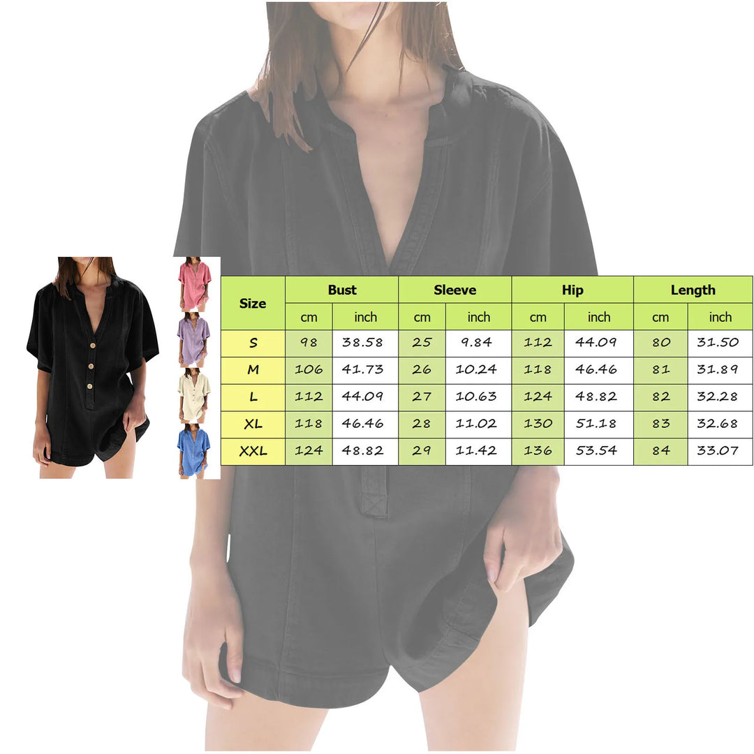 Plus‑Size Button‑Front Short‑Sleeve Romper-HighTouch
