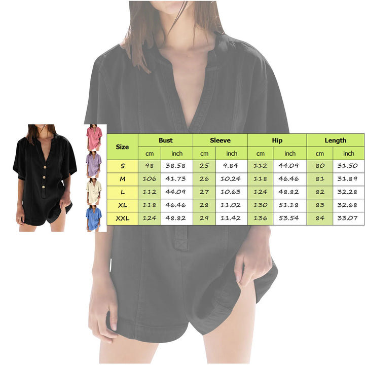 Plus‑Size Button‑Front Short‑Sleeve Romper-HighTouch