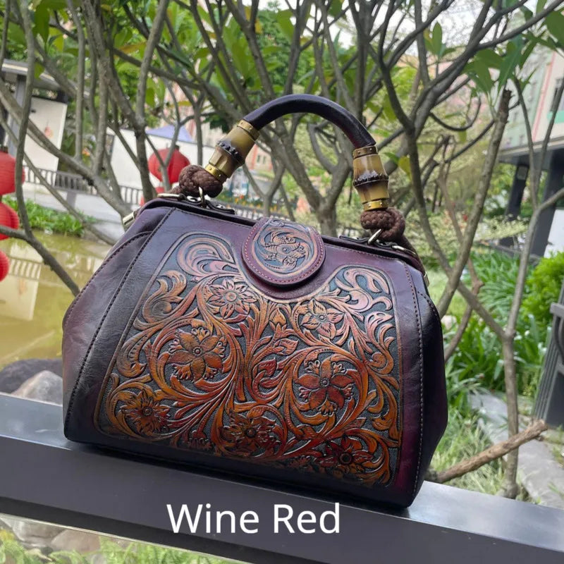 Luxury Handmade Women Shoulder Bag Vintage Carved Leather Women's Bag