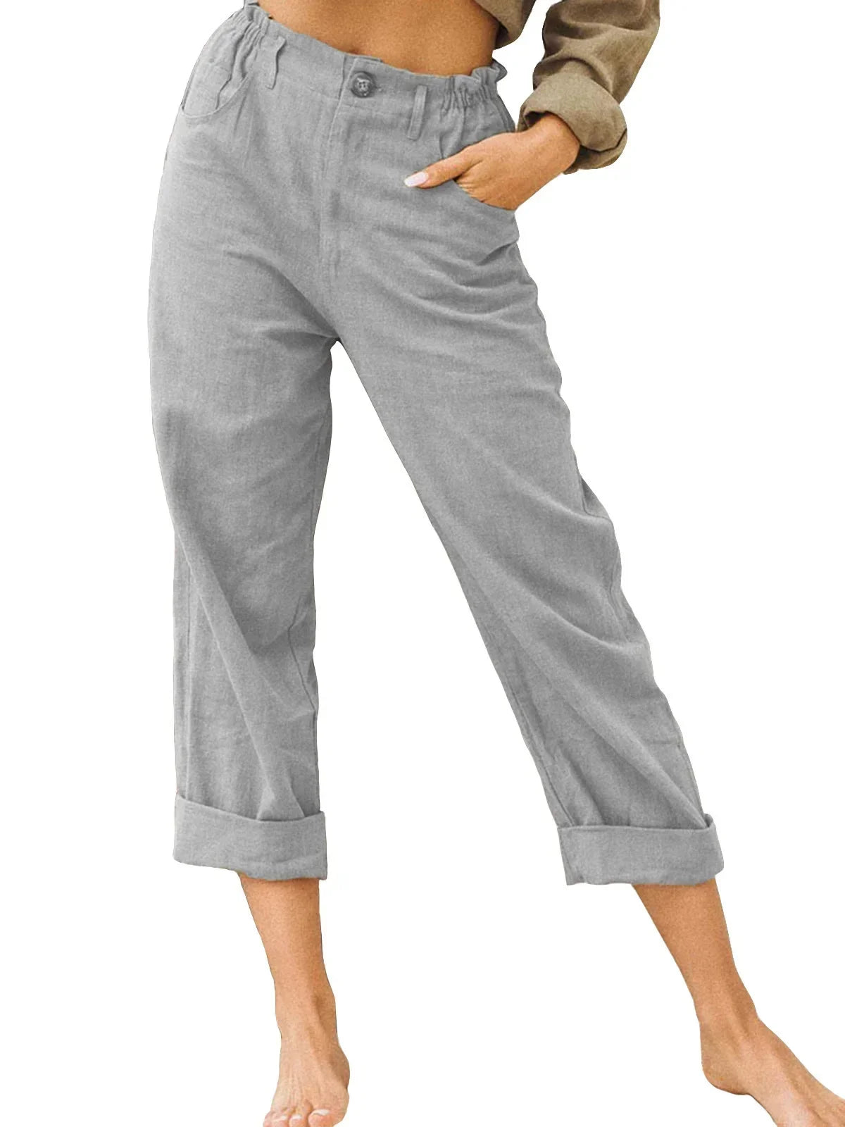 Spring Cotton-Linen Women’s Loose Button Pockets Pants – Elegant & Breathable
