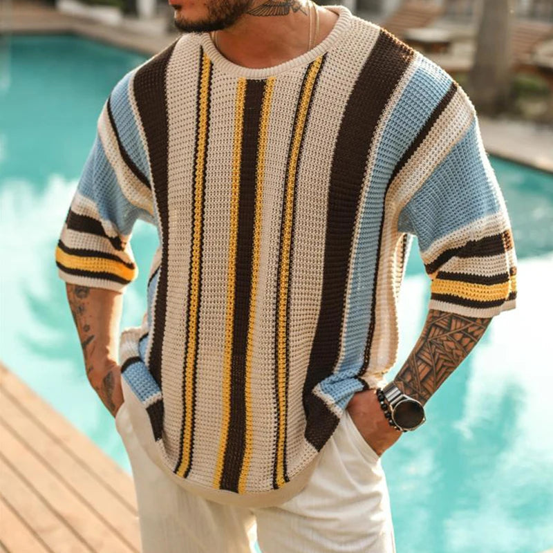 Breathable Striped Hollow Knit Summer T-Shirt for Men