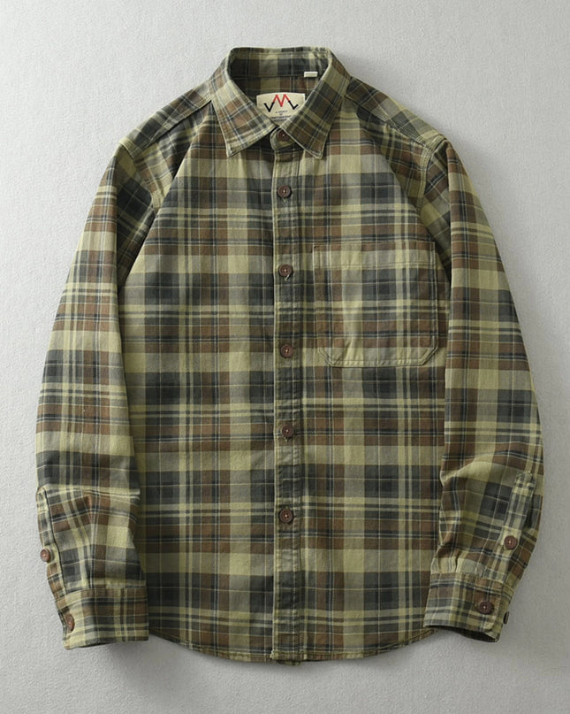 Vintage Wash Plaid Long-Sleeve Shirt Men  Cotton Flannel Casual Jacket