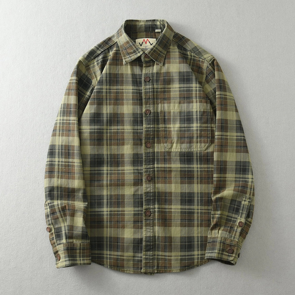 Vintage Wash Plaid Long-Sleeve Shirt Men Cotton Flannel Casual Jacket-HighTouch