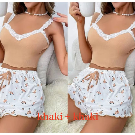 Women’s Pink Lace Patchwork Camisole & Shorts Pajama Set – Sexy Lounge Sleepwear