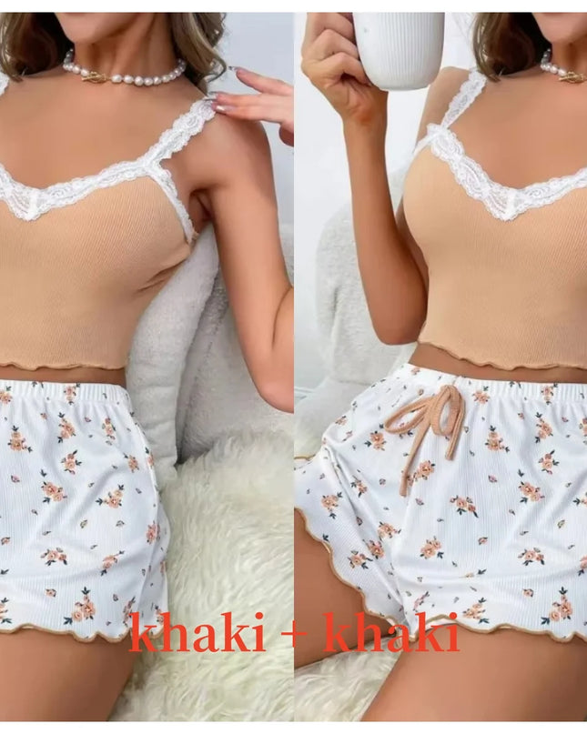 Women’s Pink Lace Patchwork Camisole & Shorts Pajama Set – Sexy Lounge Sleepwear