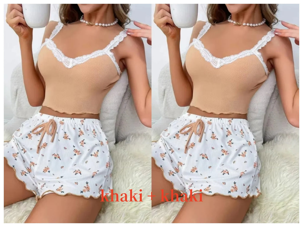 Women’s Pink Lace Patchwork Camisole & Shorts Pajama Set – Sexy Lounge Sleepwear-HighTouch