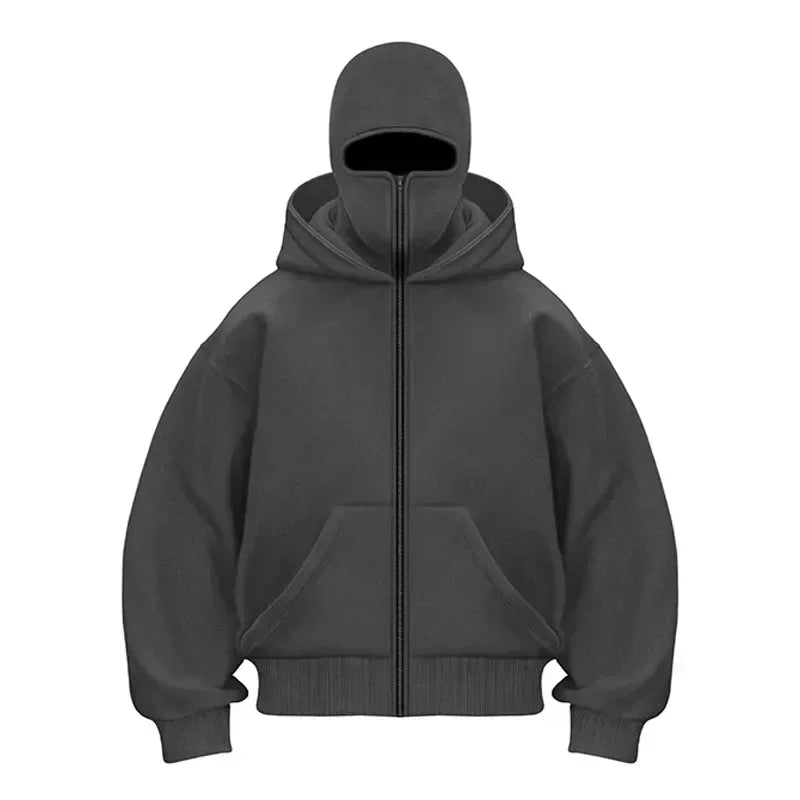 Winter Balaclava Hoodie Unisex Y2K Double Hood Zip Sweatshirt