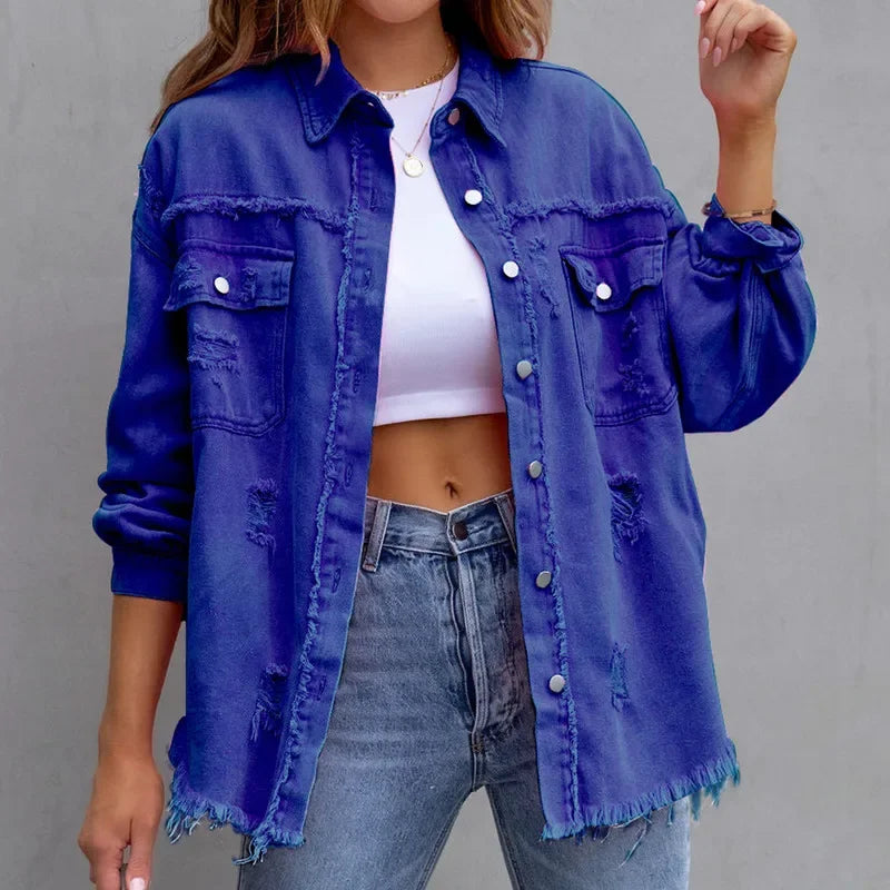 Women’s Distressed Denim Overshirt for Casual Layering