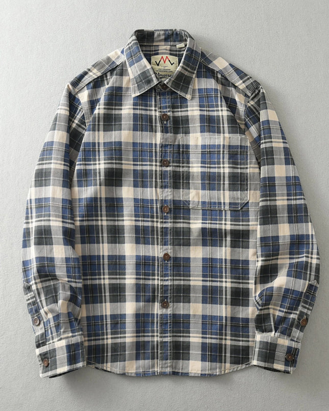 Vintage Wash Plaid Long-Sleeve Shirt Men  Cotton Flannel Casual Jacket