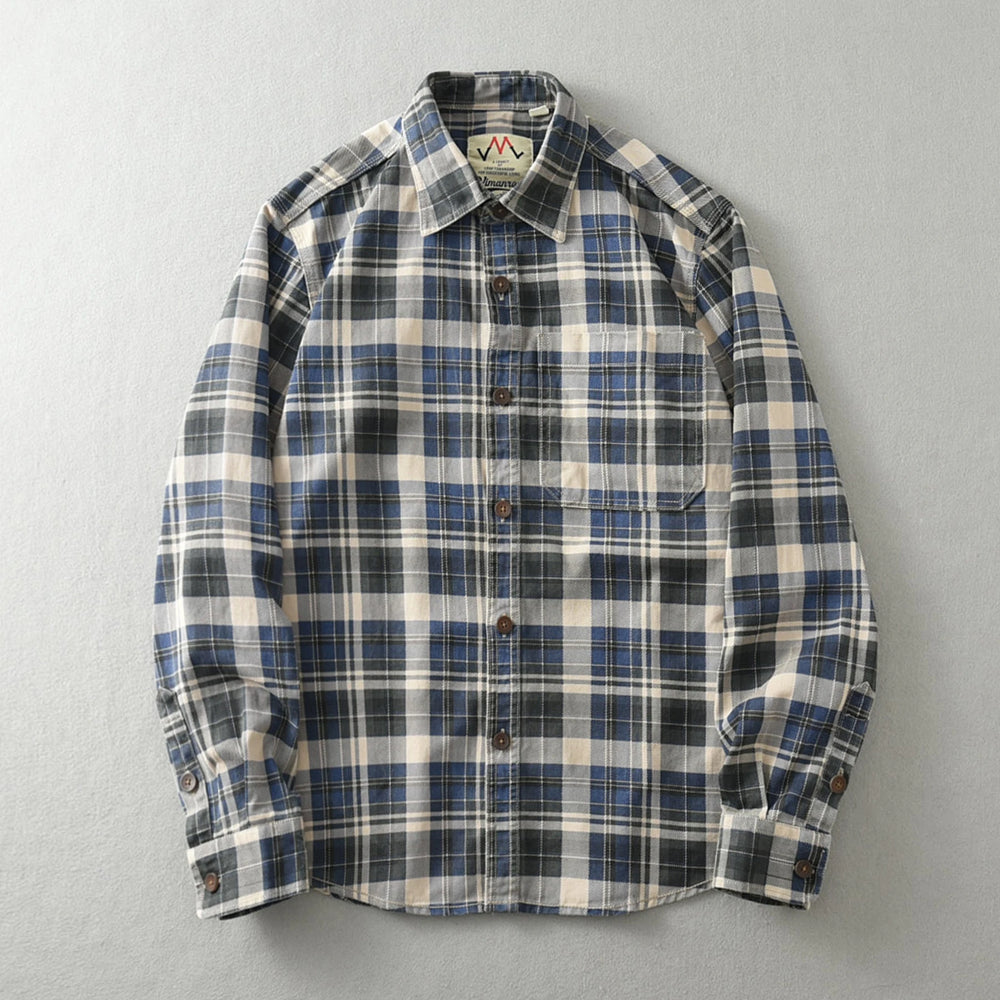 Vintage Wash Plaid Long-Sleeve Shirt Men Cotton Flannel Casual Jacket-HighTouch