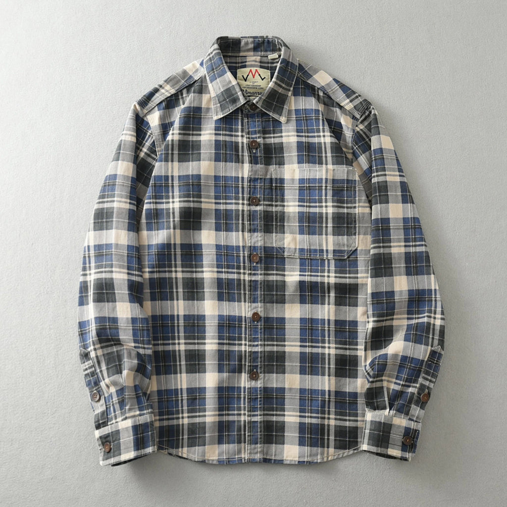 Vintage Wash Plaid Long-Sleeve Shirt Men Cotton Flannel Casual Jacket-HighTouch