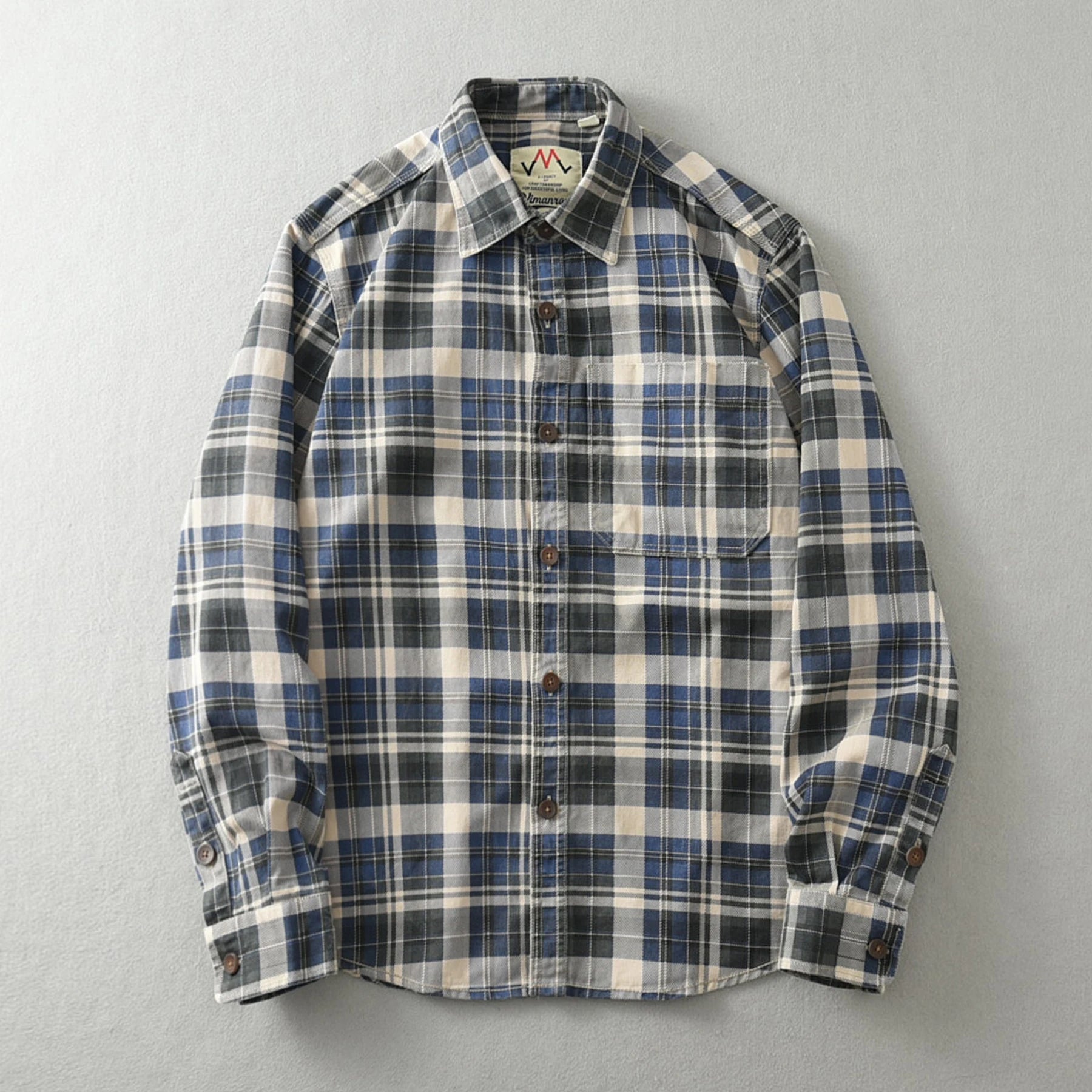 Vintage Wash Plaid Long-Sleeve Shirt Men  Cotton Flannel Casual Jacket