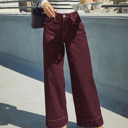 Burgundy High-Waist Wide-Leg Jeans Women